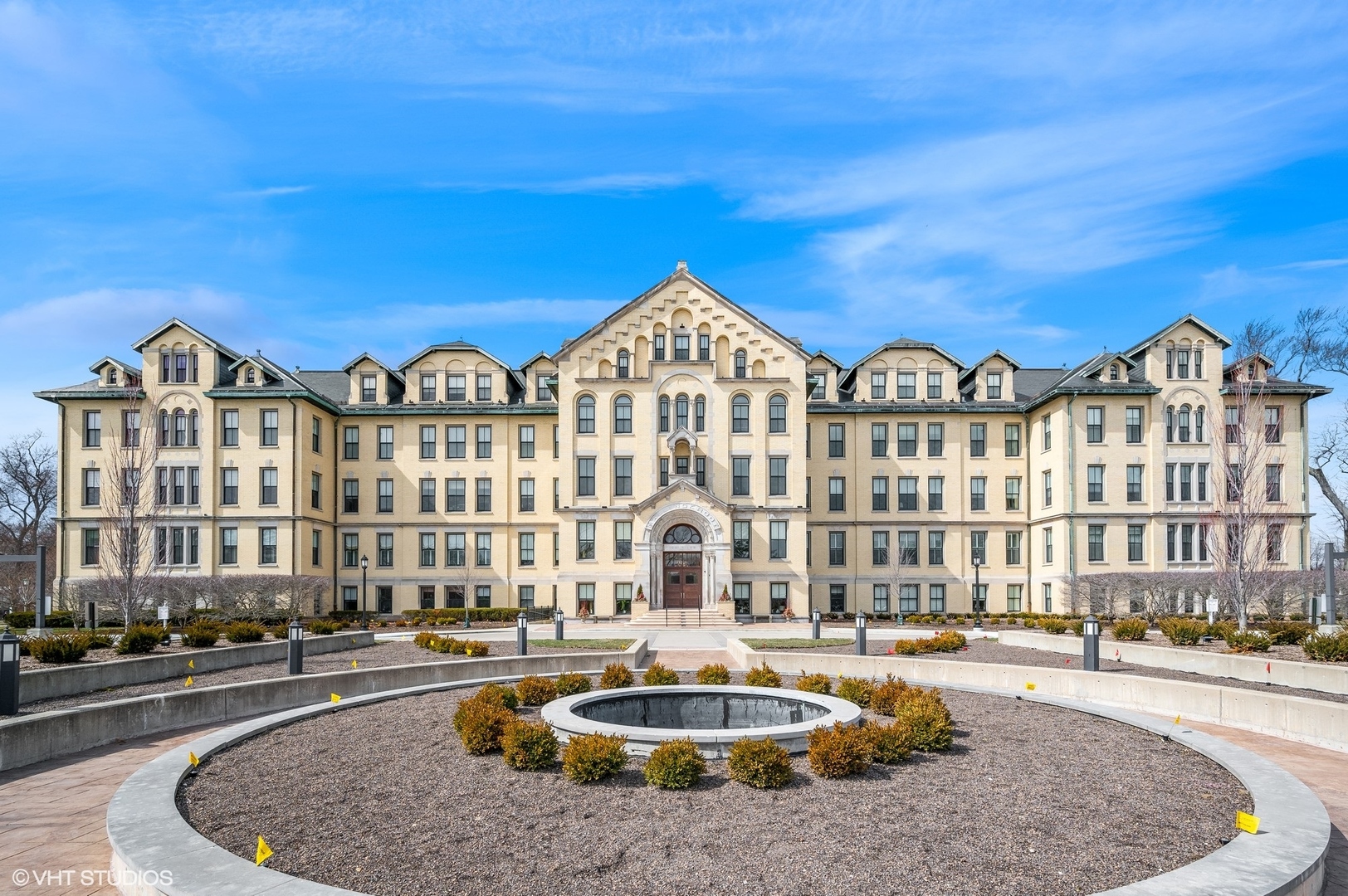a front view of a building with street view