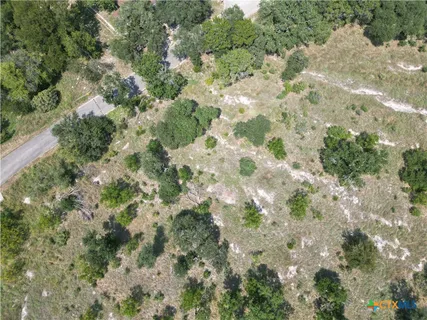 an aerial view of residential houses with outdoor space and trees