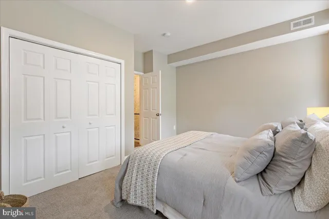 a bedroom with a bed and a closet