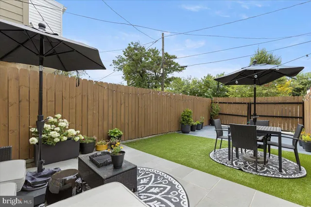 a backyard of a house with table and chairs