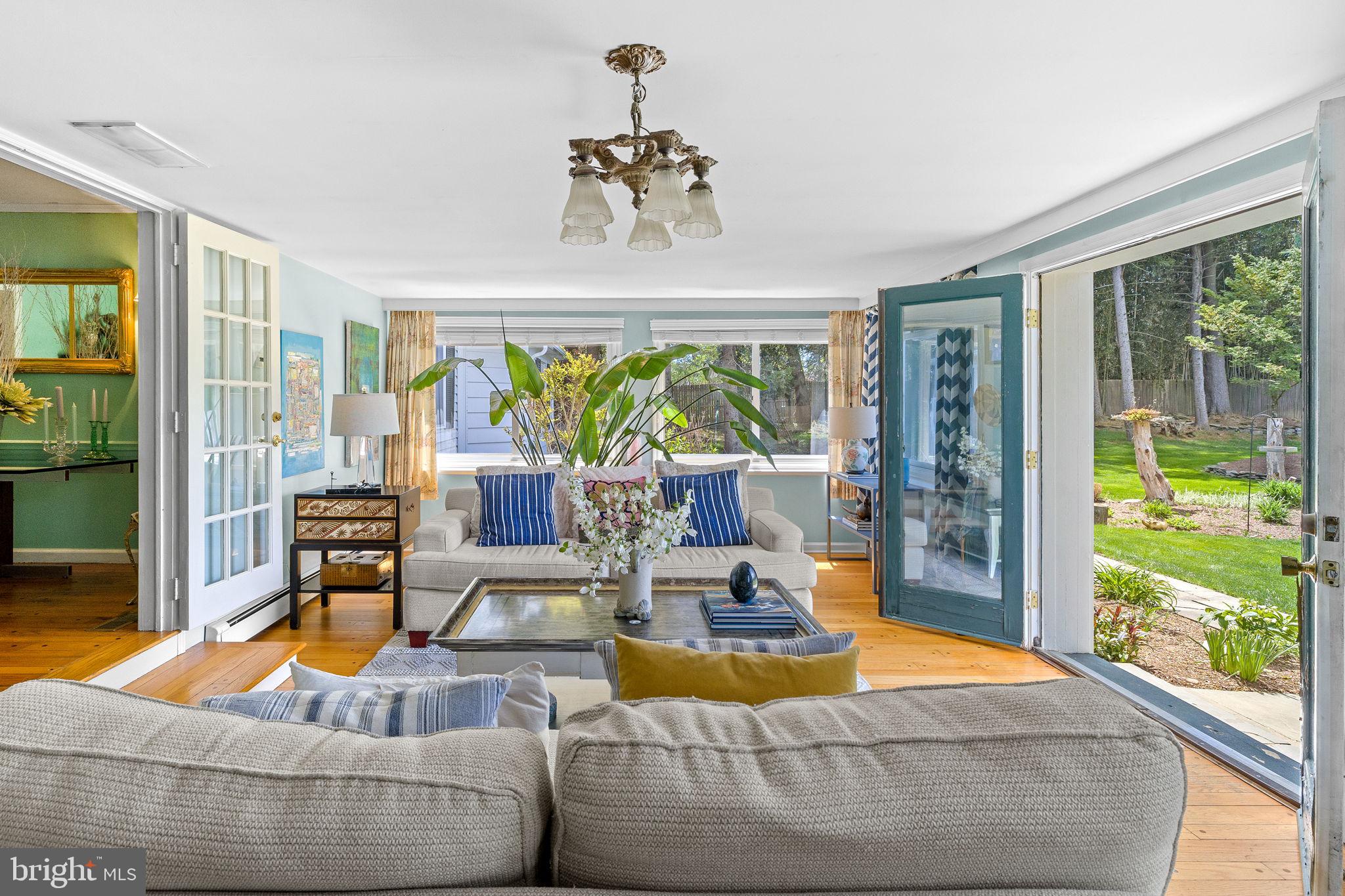 65 Covered Bridge Road New Hope, PA 18938 - Photo 33 of 117 a living room with patio furniture and a chandelier