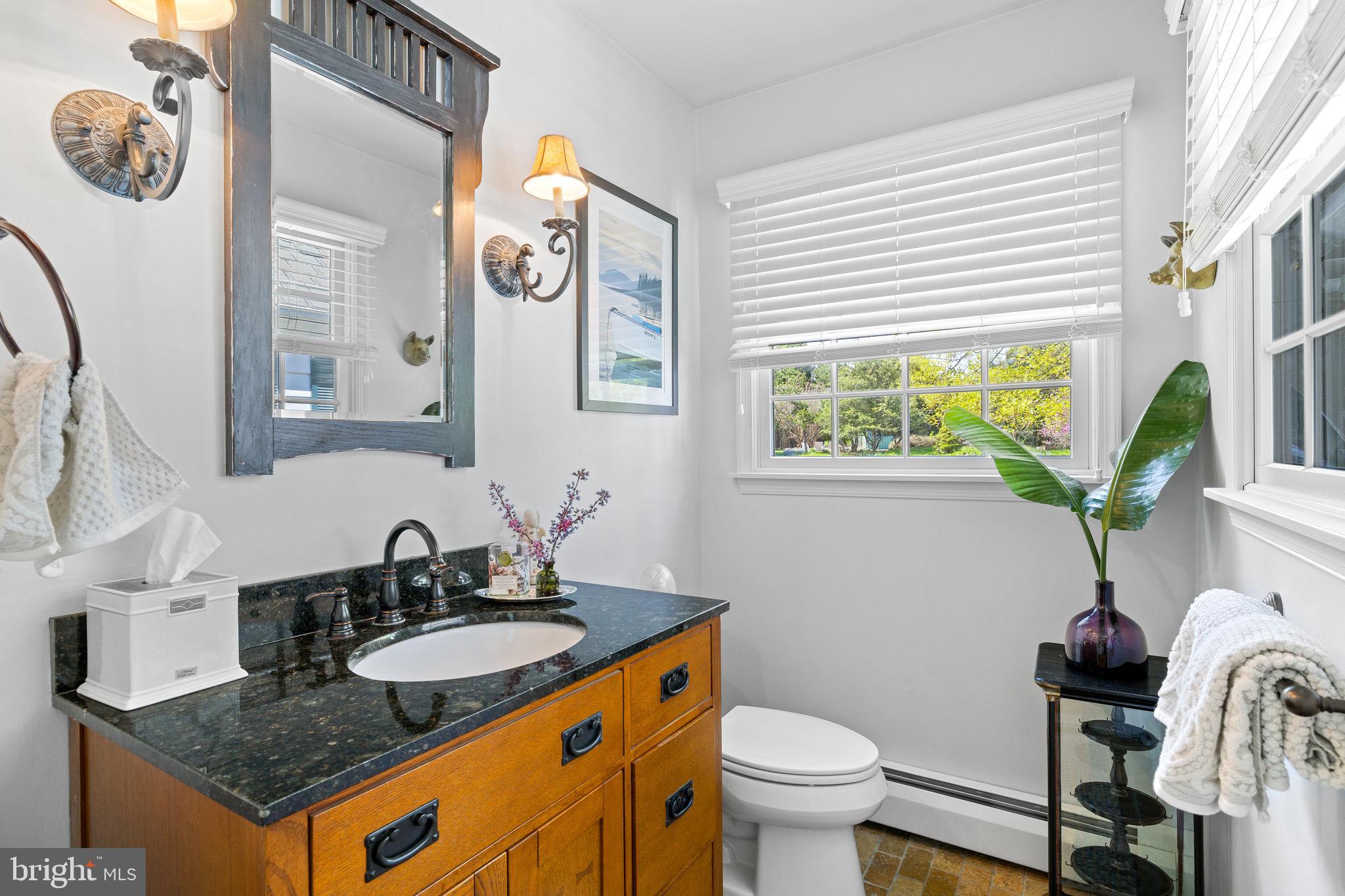 65 Covered Bridge Road New Hope, PA 18938 - Photo 53 of 117 a bathroom with a granite countertop sink and a mirror