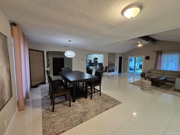 a view of a dining room with furniture