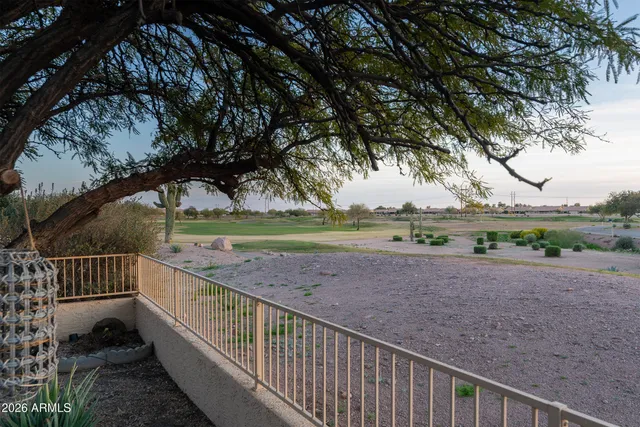 a view of a patio with table and chairs potted plants and a large tree