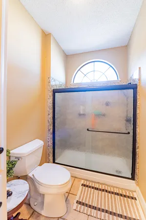 a bathroom with a toilet a a sink and a shower