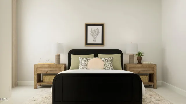 a bedroom with a bed and chair