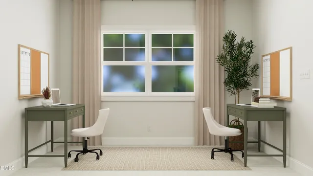 a workspace with furniture and a window