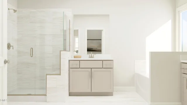 a bathroom with a sink a mirror and a shower