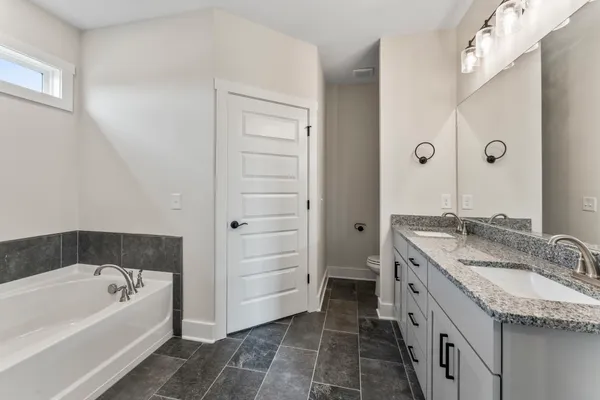 a bathroom with a granite countertop sink and a bathtub