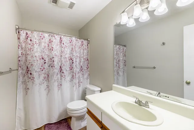 a bathroom with a sink a toilet a mirror and shower curtain