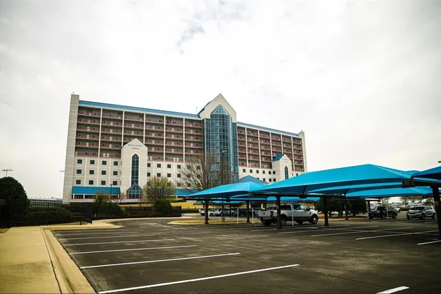 a front view of a building with street view