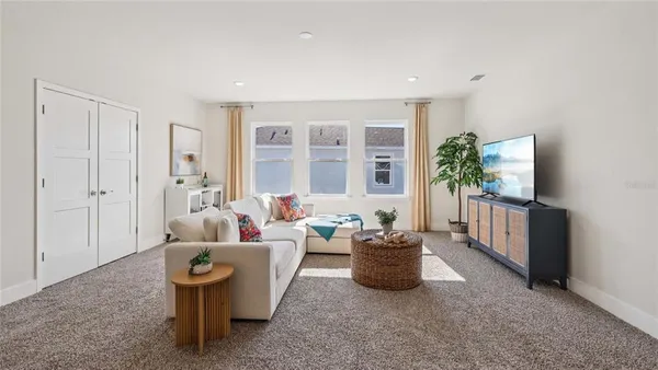 a living room with furniture and a potted plant