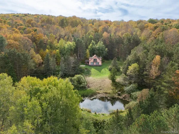 an aerial view of residential house with outdoor space and trees all around