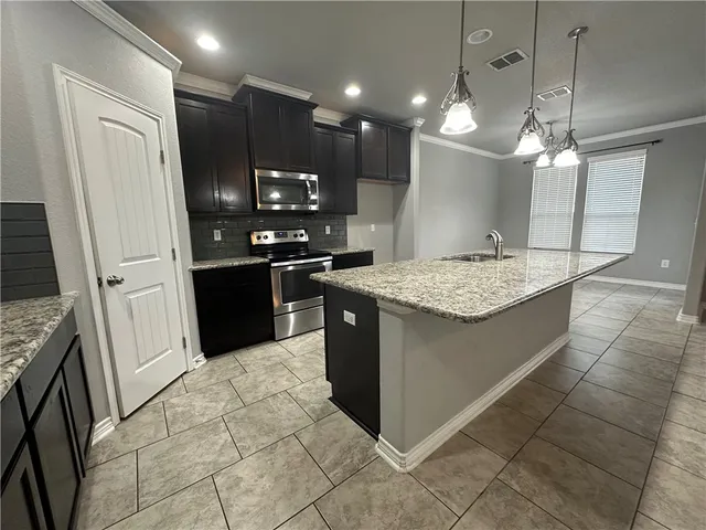 a kitchen with a sink a counter top space appliances and cabinets