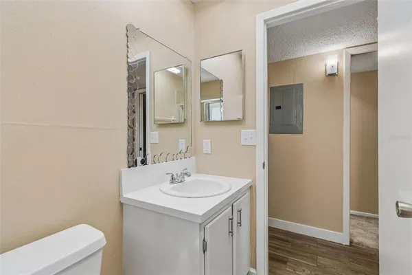 a view of a park with swings and slides