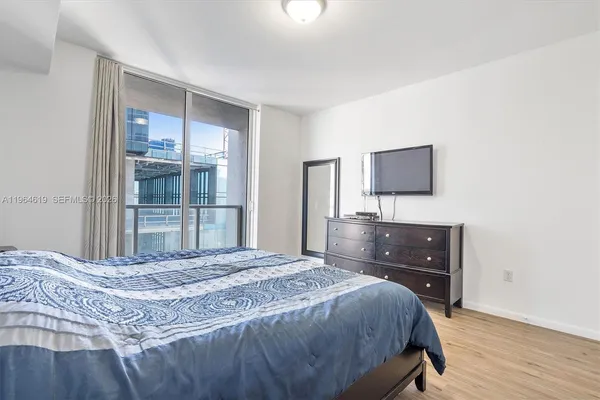 a bedroom with a bed and a flat tv screen on dresser