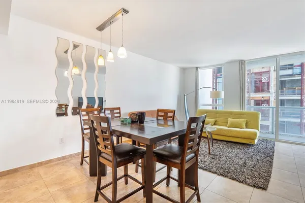 a view of a dining room with furniture