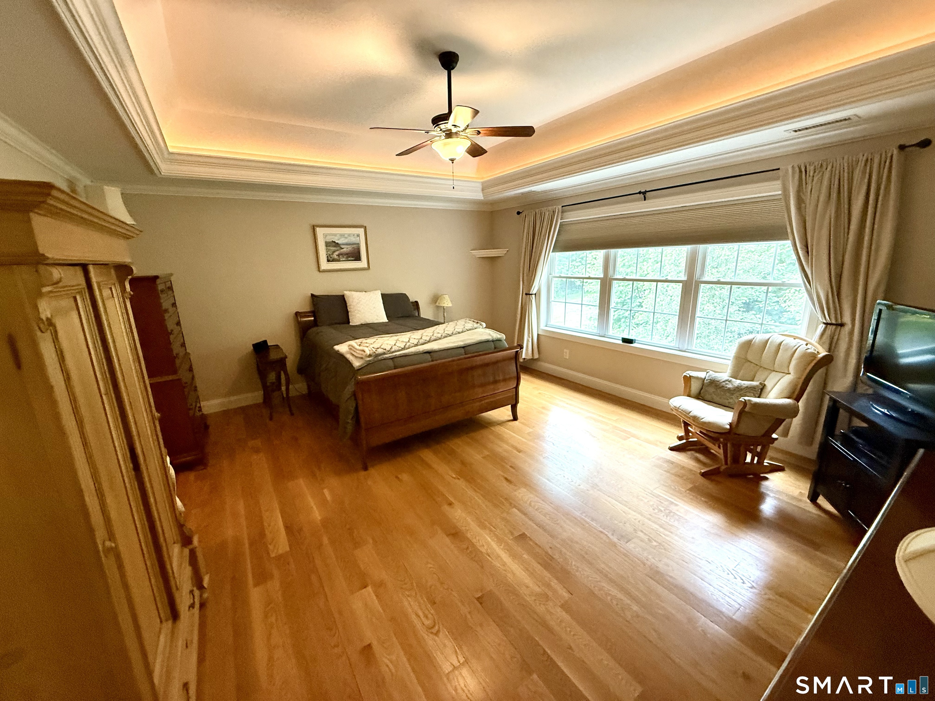 46 Hoseye Coach Road Newtown, CT 06482 - Photo 15 of 36 Primary suite with so much to love. tray ceiling, 2 walk in closets, hardwood floors. Luxurious bath.