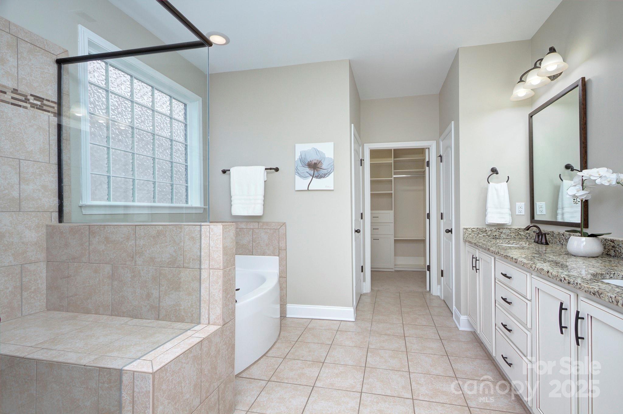 317 Annatto Way Tega Cay, SC 29708 - Photo 20 of 44 a spacious bathroom with a granite countertop sink a mirror and a shower