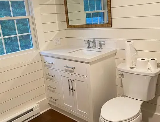 a bathroom with a sink mirror vanity and toilet
