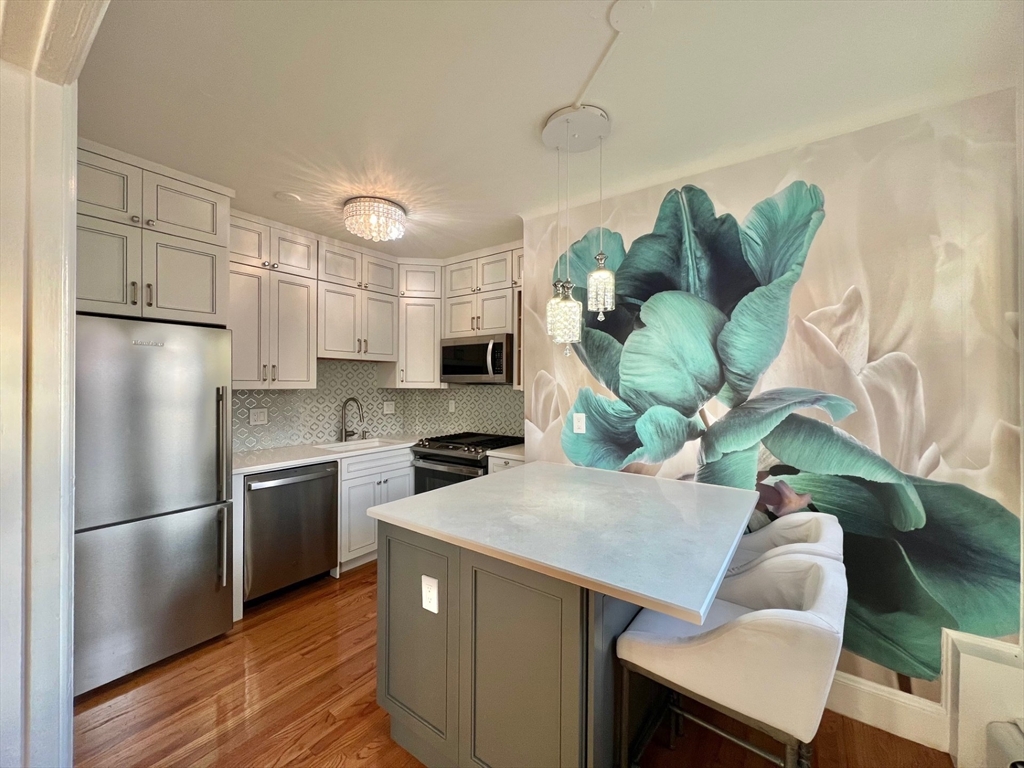 1454 Beacon Street, Unit 744 Brookline, MA 02446 - Photo 4 of 18 a kitchen with stainless steel appliances granite countertop a refrigerator a sink a stove and a dining table with wooden floor