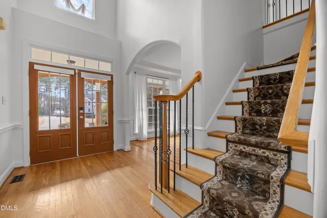 a view of a livingroom with wooden floor