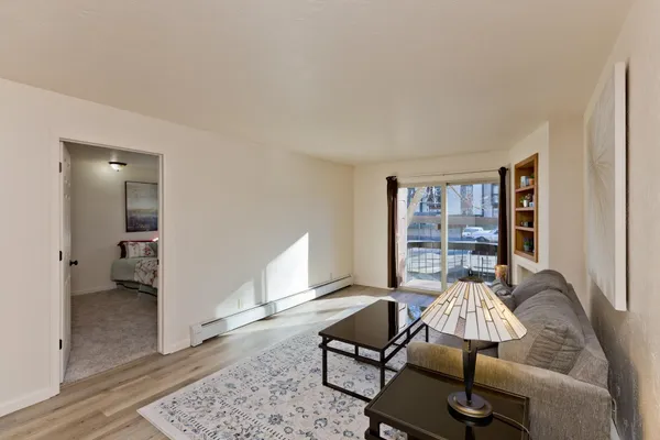 a living room with furniture and a rug