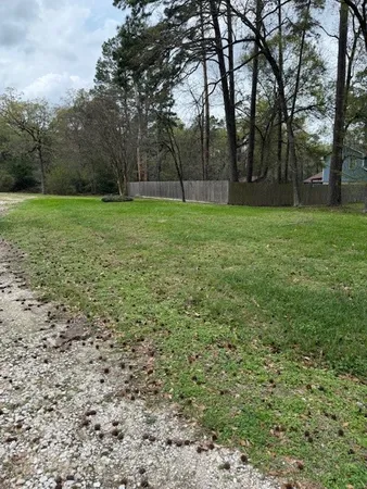 a view of a field with trees in the background