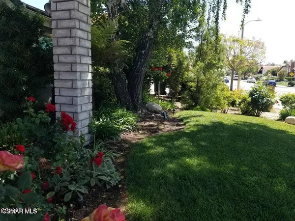 a view of a garden with a fountain