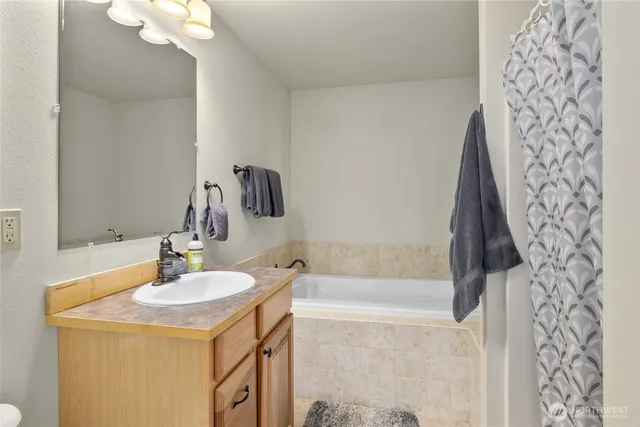 a bathroom with a sink a mirror and a bathtub