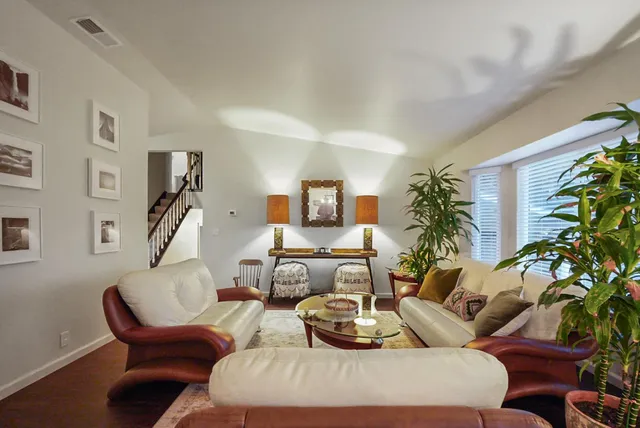 a living room with furniture or couch and a potted plant