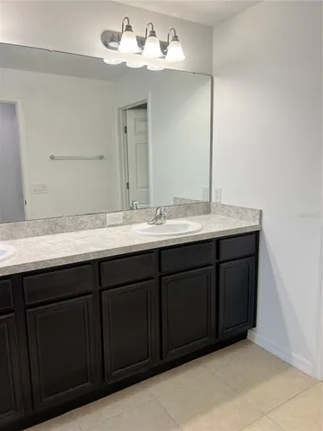 a bathroom with a double vanity sink a mirror and a shower