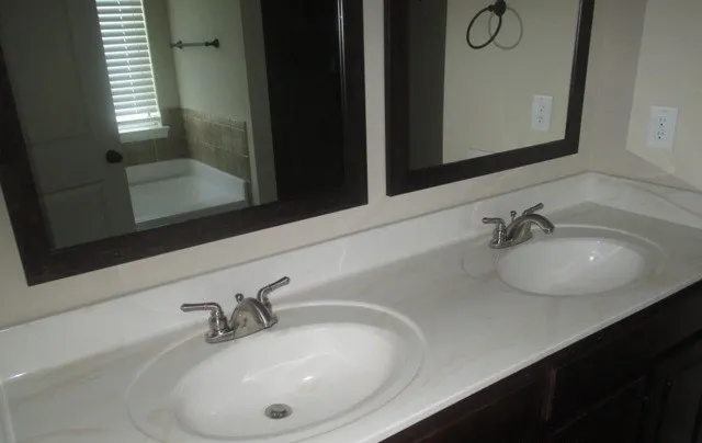 a bathroom with a sink and a mirror