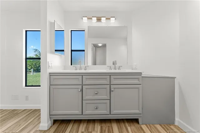 a bathroom with a sink vanity and mirror