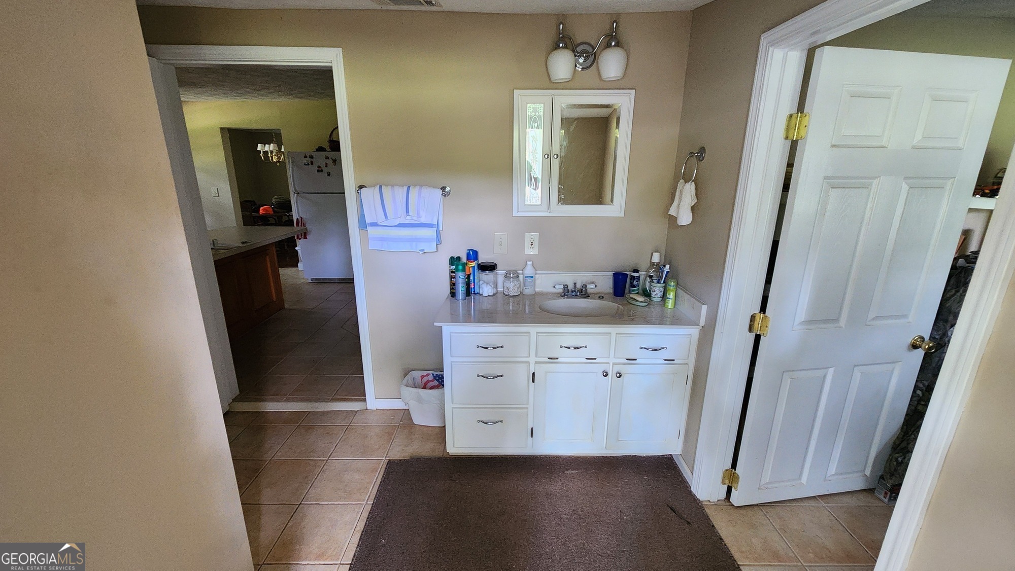 3176 East Centerpoint Road Preston, GA 31824 - Photo 17 of 44 a bathroom with a sink a mirror a refrigerator and vanity