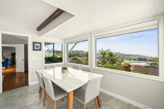 a view of a dining room with a table and chairs