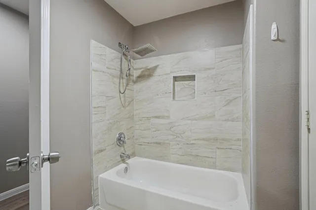 a bathroom with a bathtub