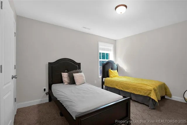 a bedroom with two beds and a potted plant
