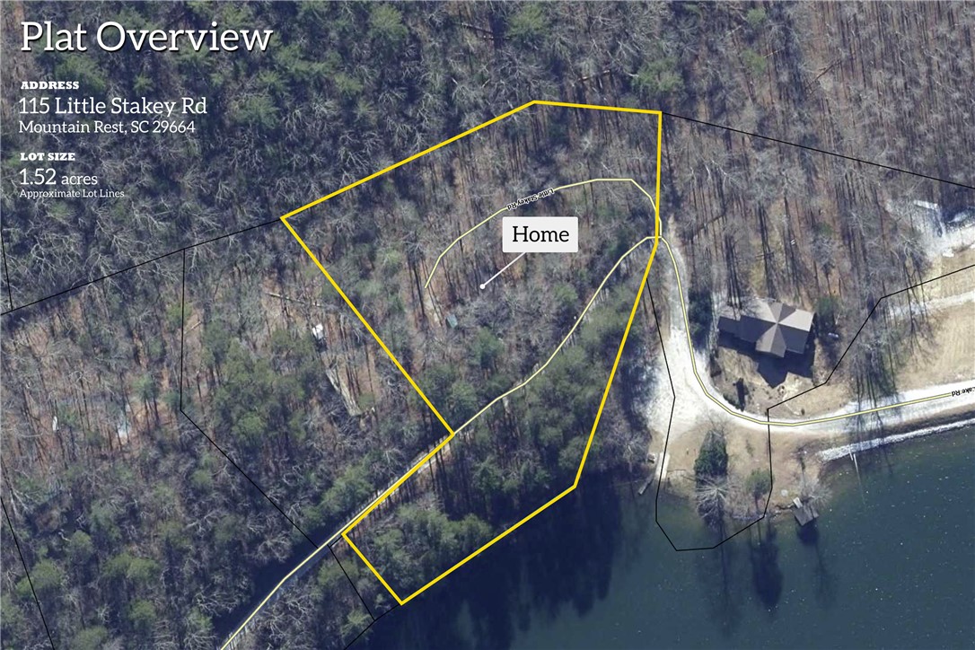 115 Little Stakey Rd Mountain Rest Mountain Rest, SC 29664 - Photo 2 of 38 This plat overview showcases a serene home site with a tranquil waterfront setting.