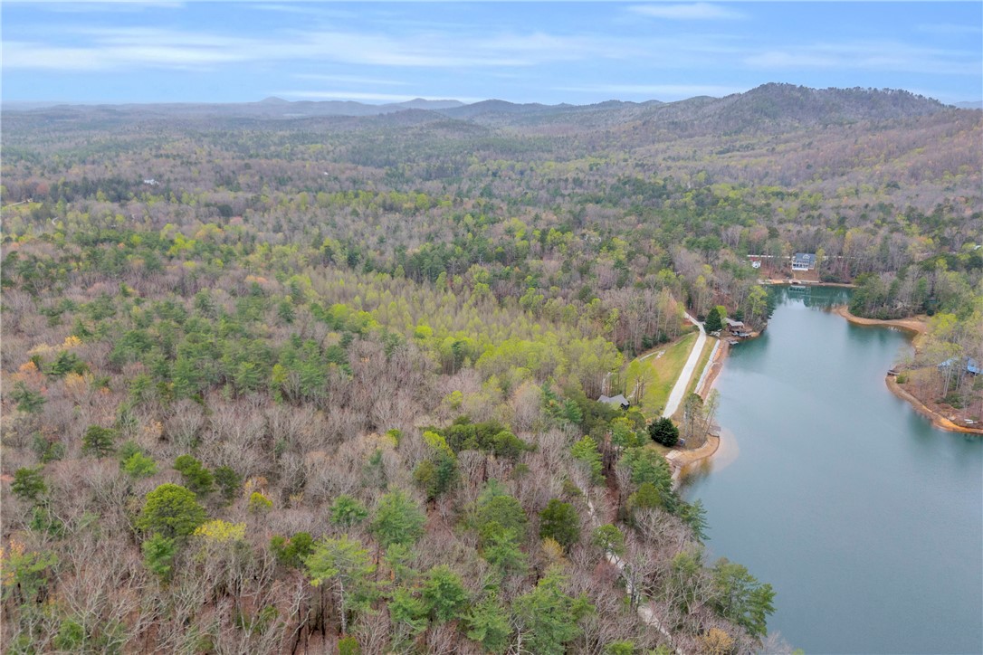 115 Little Stakey Rd Mountain Rest Mountain Rest, SC 29664 - Photo 26 of 38 This aerial view showcases a pristine lakefront setting surrounded by lush, verdant woodlands and majestic mountains.