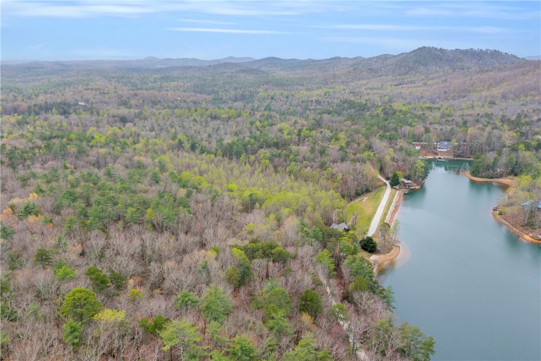 115 Little Stakey Rd Mountain Rest Mountain Rest, SC 29664 - Photo 27 of 38 Scenic aerial view of wooded mountains, lake, and waterfront properties.
