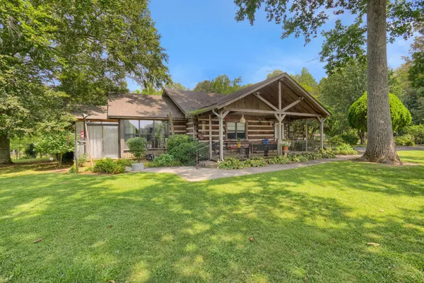 a view of a house with a big yard potted plants and large tree