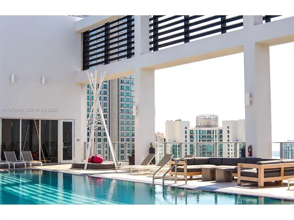 a view of a building and a street light