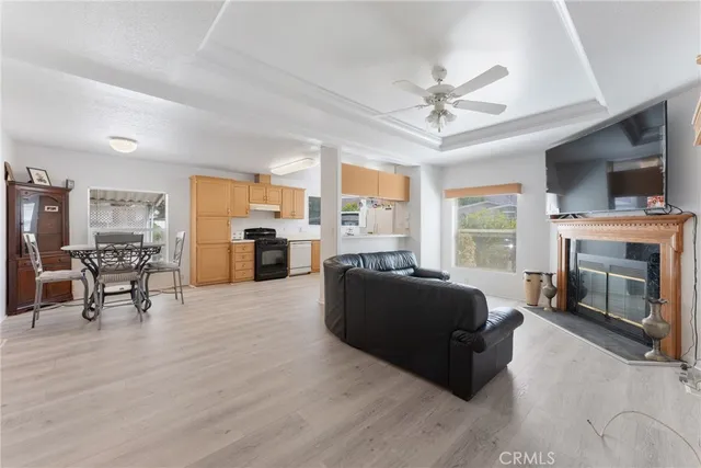 a living room with furniture fireplace and window