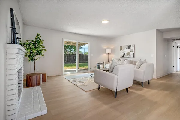 a living room with furniture and a potted plant