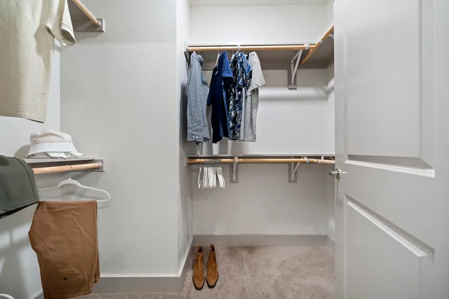 a view of walk in closet with clothes and shoes