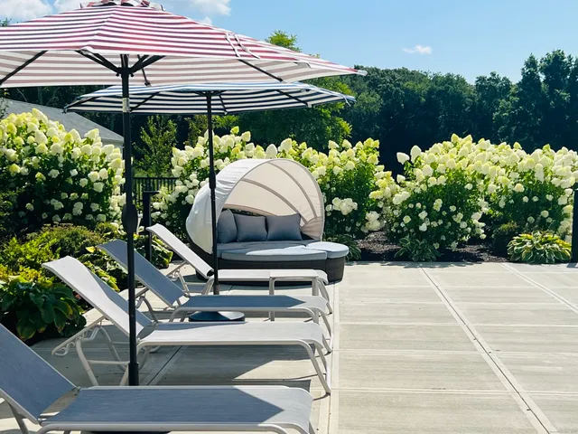 a front view of building and outdoor seating