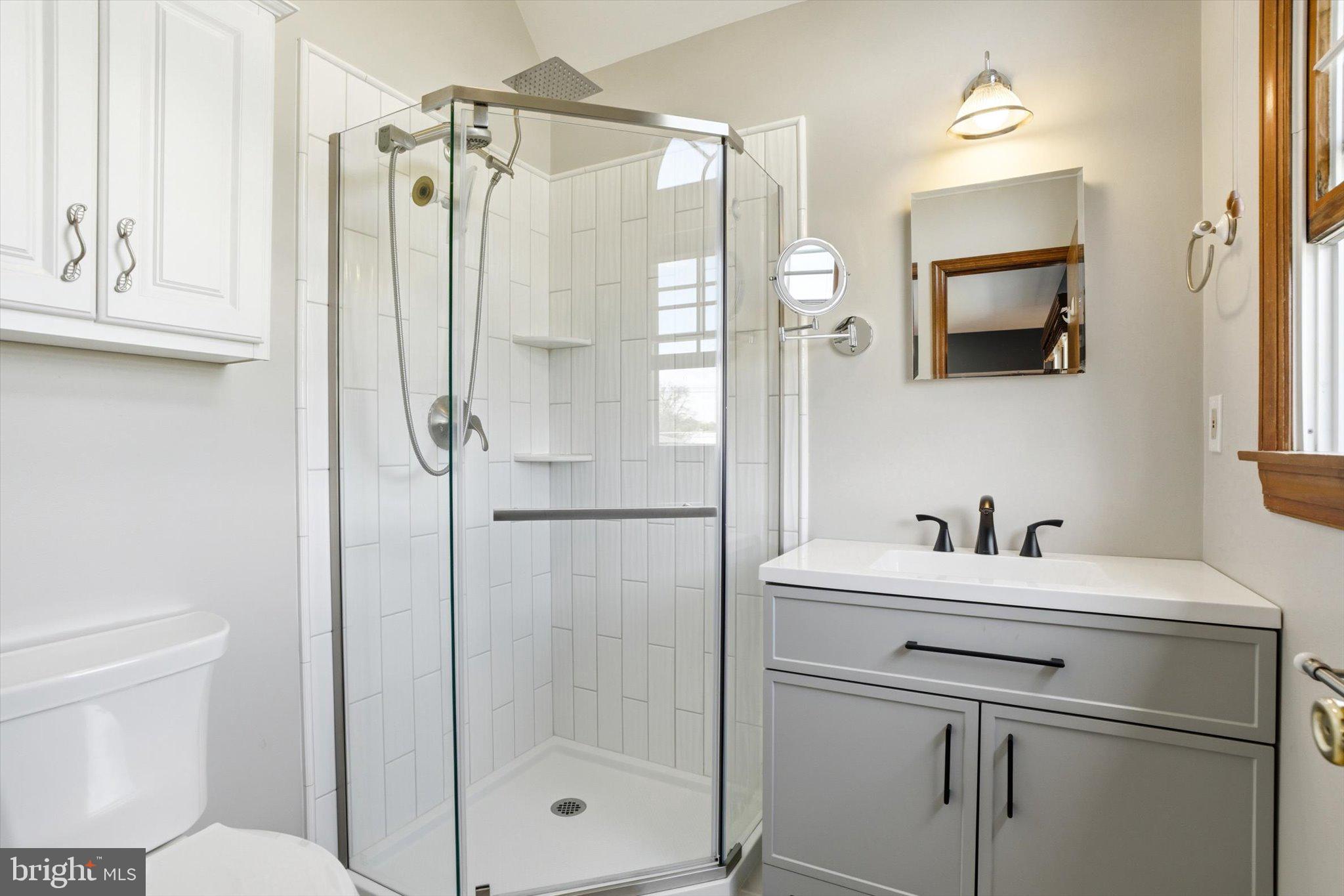 25446 Mt Pleasant Road Columbus, NJ 08022 - Photo 23 of 32 a bathroom with a shower a sink and mirror