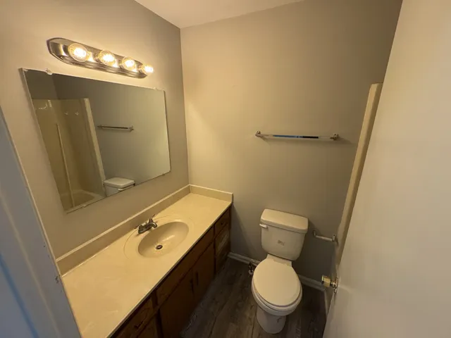 a bathroom with a toilet sink and mirror