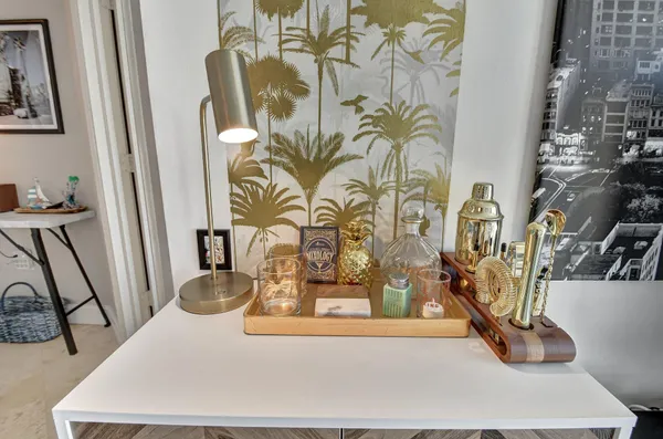 a view of a dining room with wooden floor